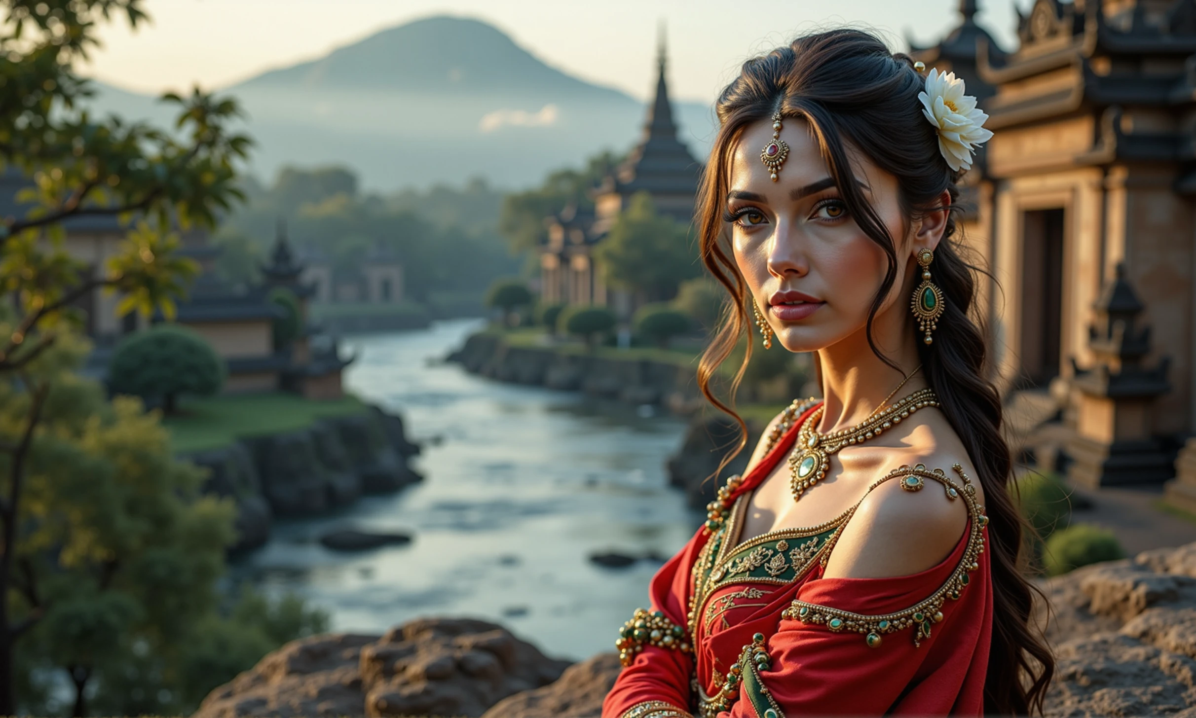 Elegant woman in red dress by the river