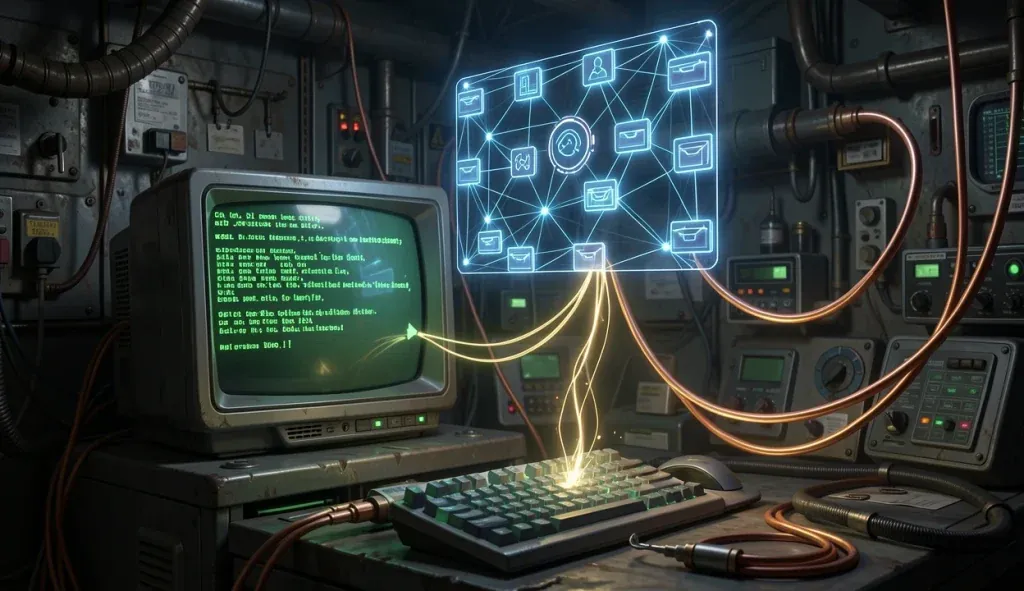 Retro-futuristic computer setup representing local hardware optimization
