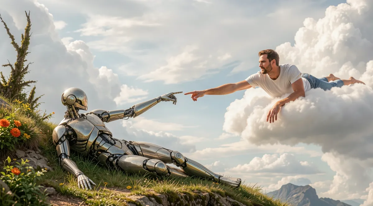 Man and robotic figure touching fingertips, symbolizing ethical character identity creation