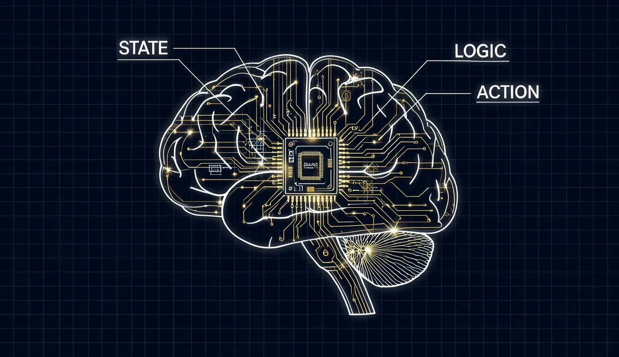 Golden circuit board patterns forming a brain silhouette, representing AI workflow logic